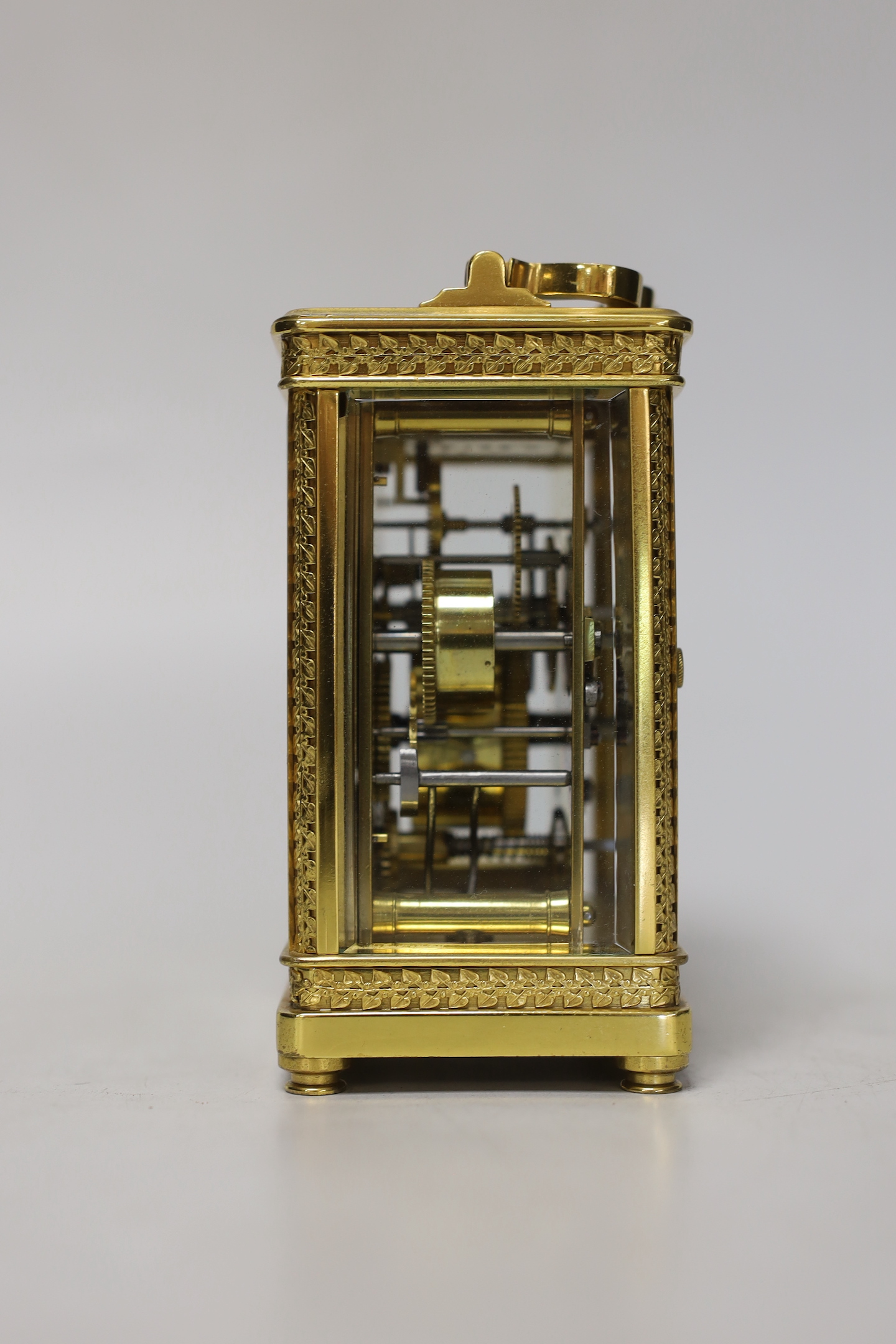 An Edwardian brass carriage timepiece with alarm, 12cm